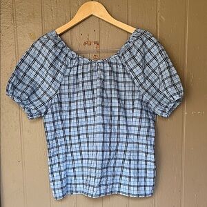 J. Crew V back puff sleeve Light Blue Checkered Blouse